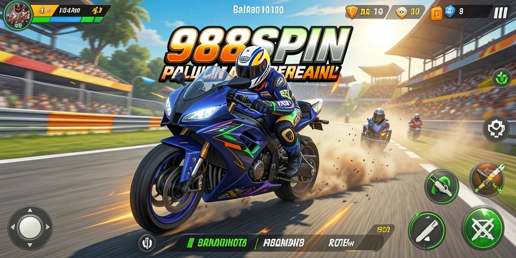 Screenshot utama 988SPIN menampilkan aksi balapan motor yang intens.