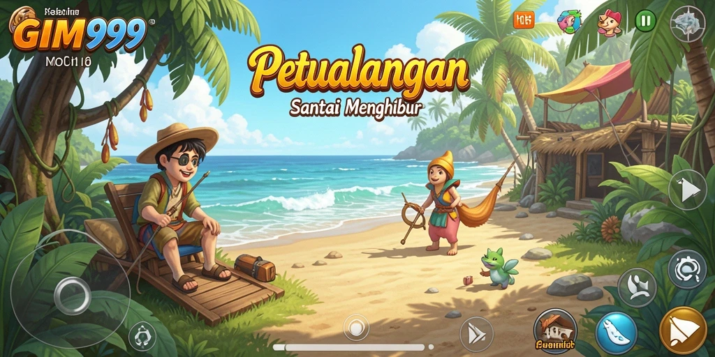 Tampilan gameplay GIM999 menunjukkan banyak aktivitas karakter yang berkembang.