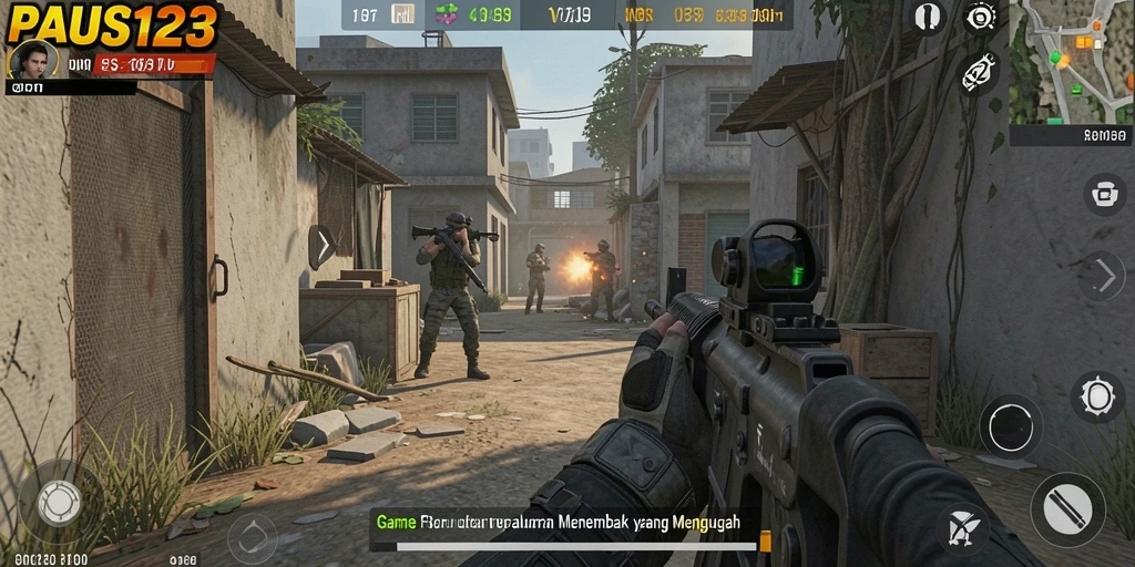 Screenshot gameplay PAUS123 menunjukkan aksi tembak-menembak yang seru dan intens.