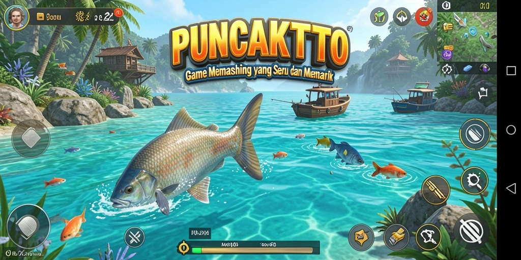 Screenshot gameplay PUNCAKTOTO saat menangkap ikan besar di lokasi memancing.