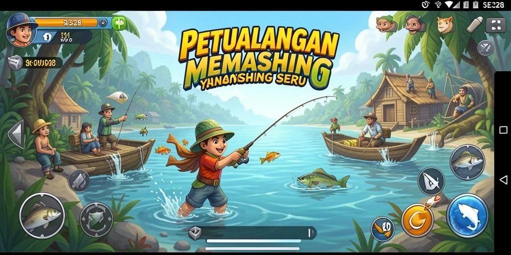 Screenshot SE328 menampilkan pemain yang menangkap ikan besar di danau.