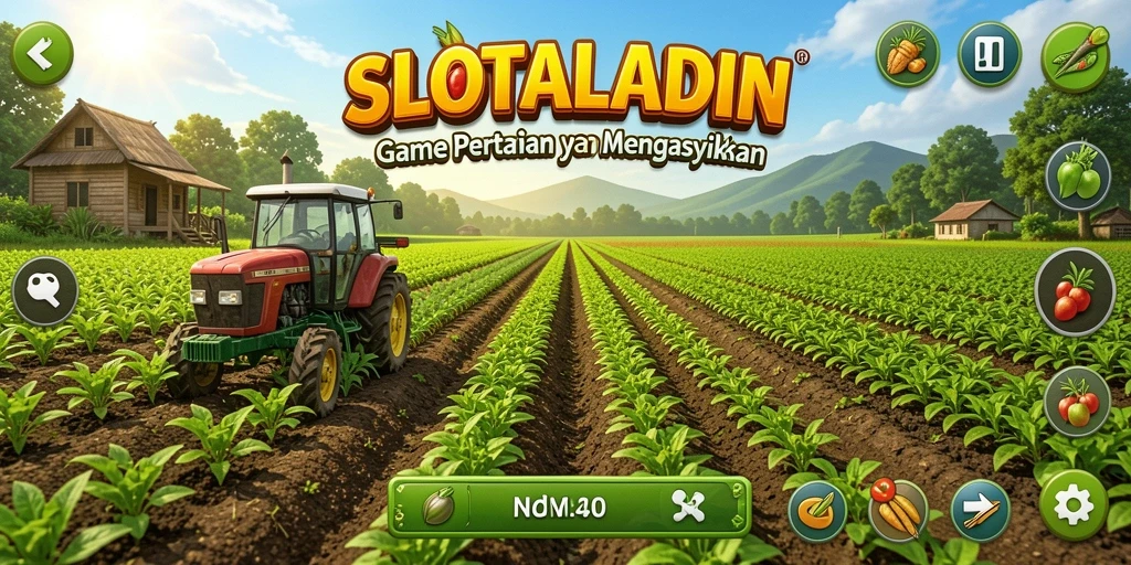 Tampilan screenshot SLOTALADIN dengan ladang yang subur dan hewan peliharaan.
